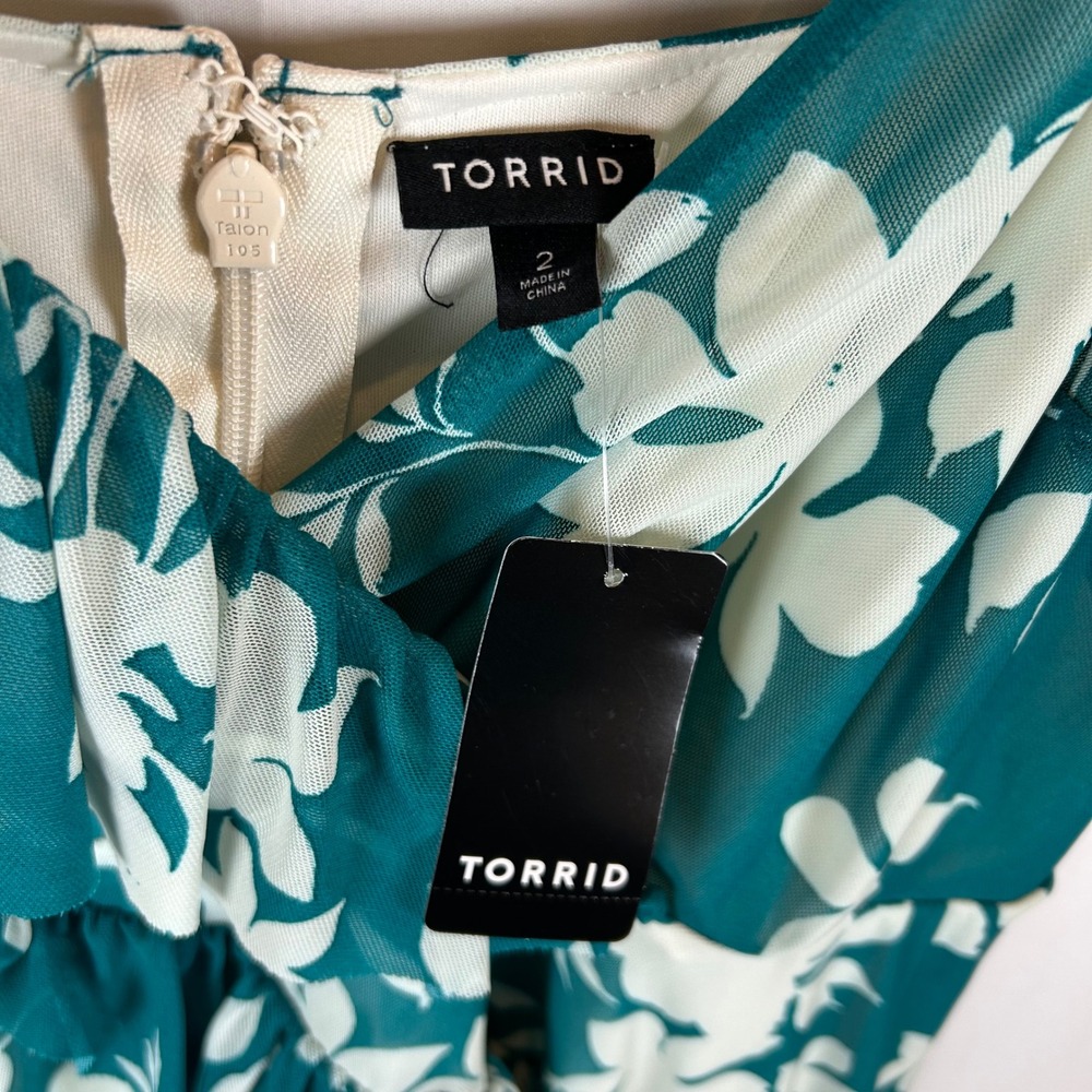 NEW Torrid Teal Shadow Floral Mesh Asymmetrical Ruffle Skater Midi Dress 2X - Picture 3 of 13